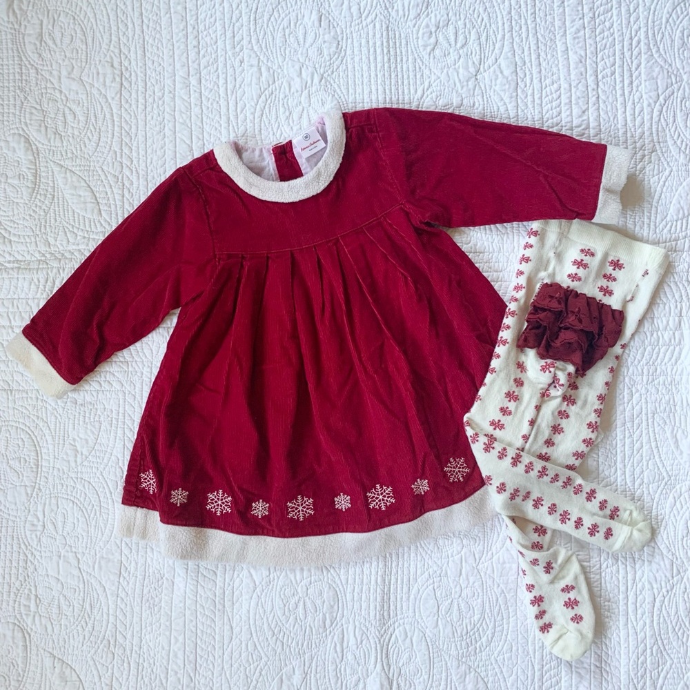 Hanna Andersson size 80 (12-18 months) corduroy snowflake dress and tights